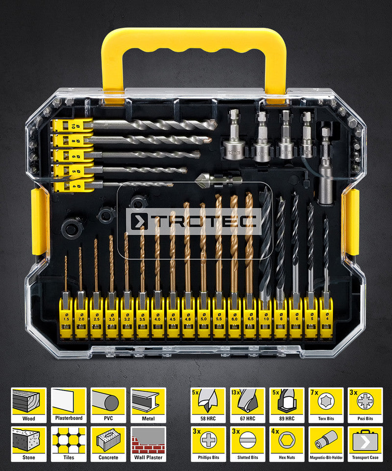 TROTEC 49-DELIGE SET MET SPIRAALBOREN MET EEN ZESKANTSCHACHT, SCHROEFBITS EN DOPSLEUTELS